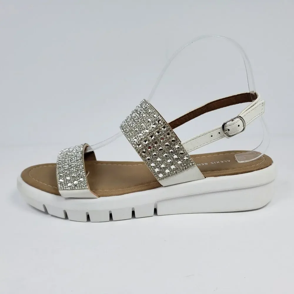 Alexis Bendel Blake Womens Size 9.5 White Bling Rhinestones Wedge Sandals
